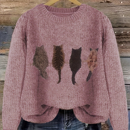 Cat Print Crew Neck Color Block Casual Pullover Sweater