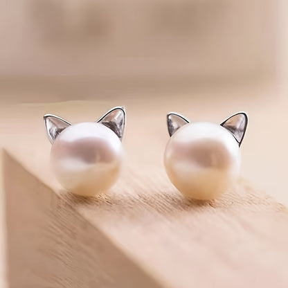 Elegant Cat Ear Pearl Stud Earrings – Chic Accessory for Women