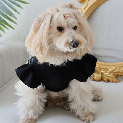 Dog Pastoral Plaid Bow Bud Dress with Flying Sleeves