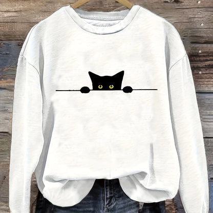 Cat Print Pullover Sweatshirt – Casual Long Sleeve Crew Neck Sweatshirt for Fall & Winter