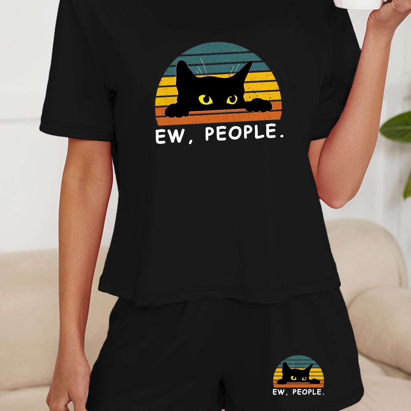 Pet themed pajamas | Women's Black Cat & Slogan Pajama set