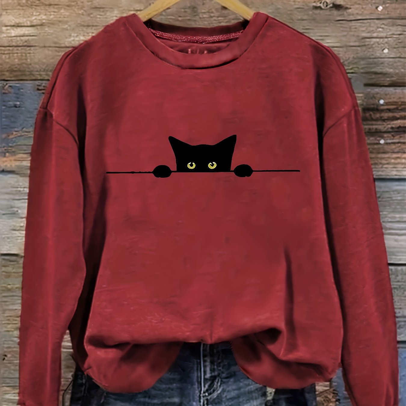 Cat Print Pullover Sweatshirt – Casual Long Sleeve Crew Neck Sweatshirt for Fall & Winter