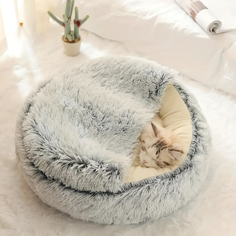 Plush Round Hooded Pet Bed – A Cozy Retreat for Your Furry Friends