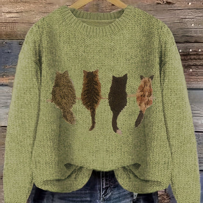 Cat Print Crew Neck Color Block Casual Pullover Sweater