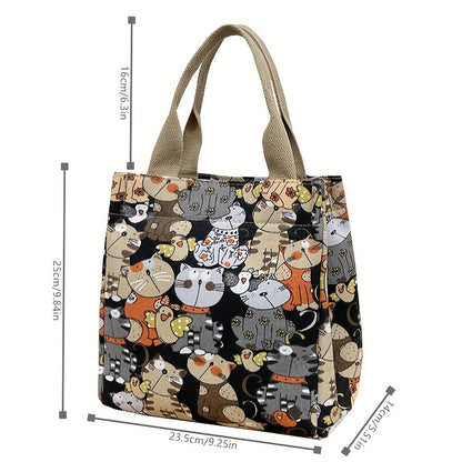 Cartoon Canvas Cat Print Lunch Bag – Portable and Stylish Storage for Work or School