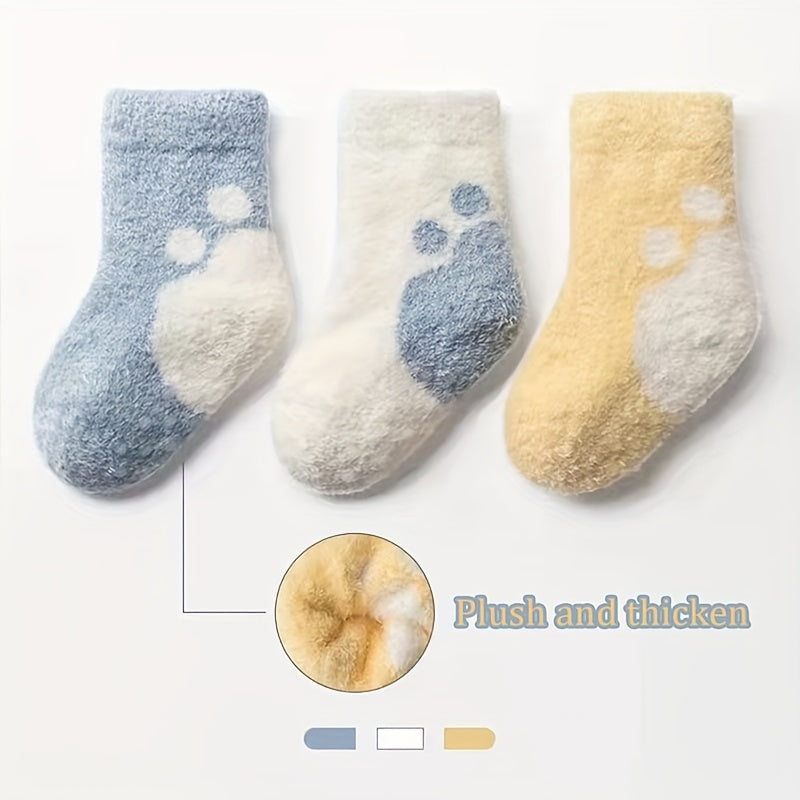 Kid's Soft & Skin-Friendly Color Block Paw Pattern Socks – 3 Pairs for Autumn & Winter