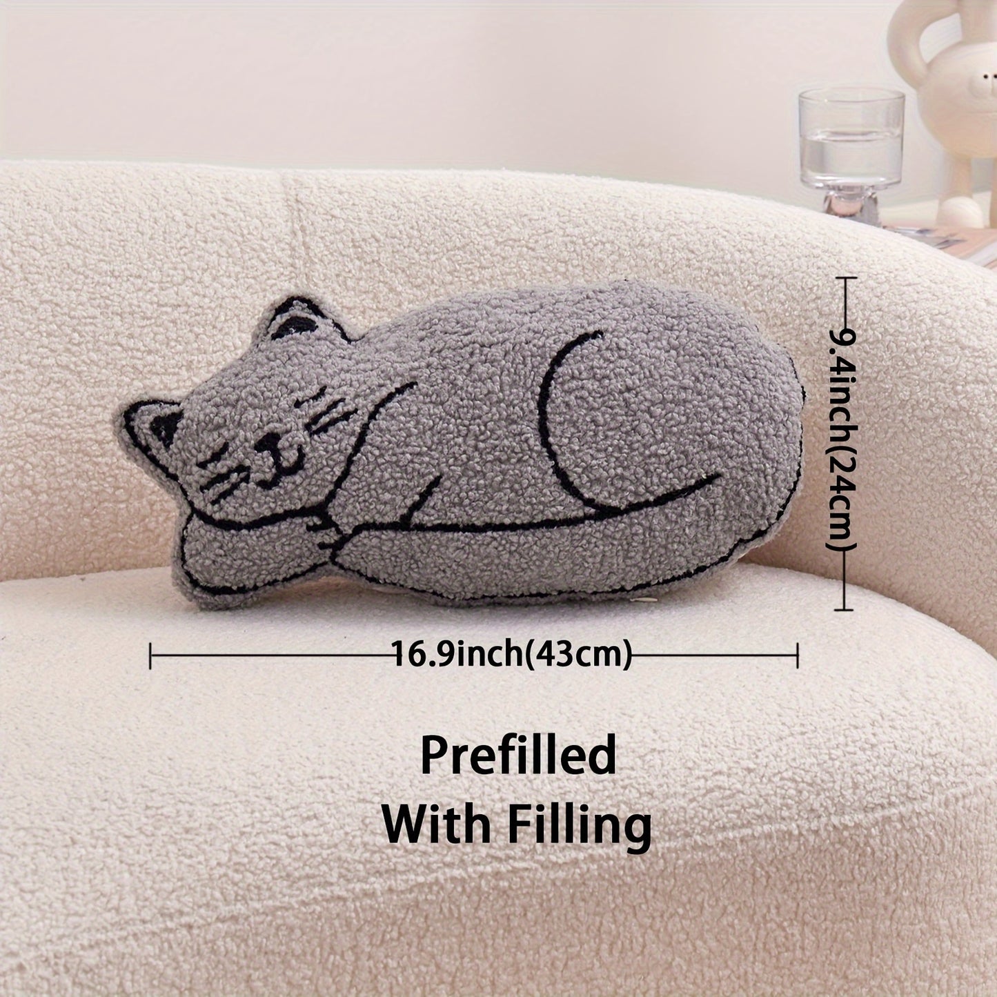 Charming Cat-Shaped Embroidered Throw Pillow with Insert - Soft Polyester, Easy Care