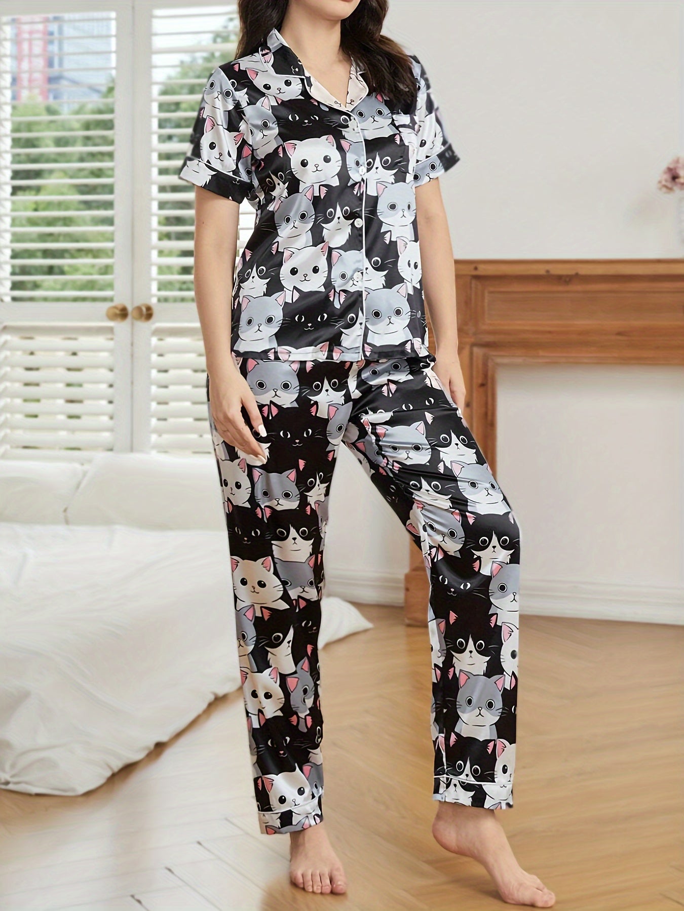 Cute Cat Print Satin Pajama Set – Short Sleeve Button Lapel Top & Elastic Pants, Women's Sleepwear