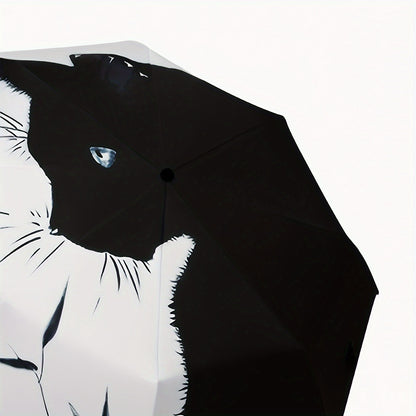 Black and White Cat Pattern Folding Umbrella – Rainproof and Sunshade Protection