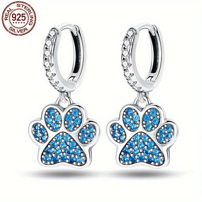 Sterling 925 Silver Hypoallergenic Dangle Earrings with Blue Zirconia Paw Design